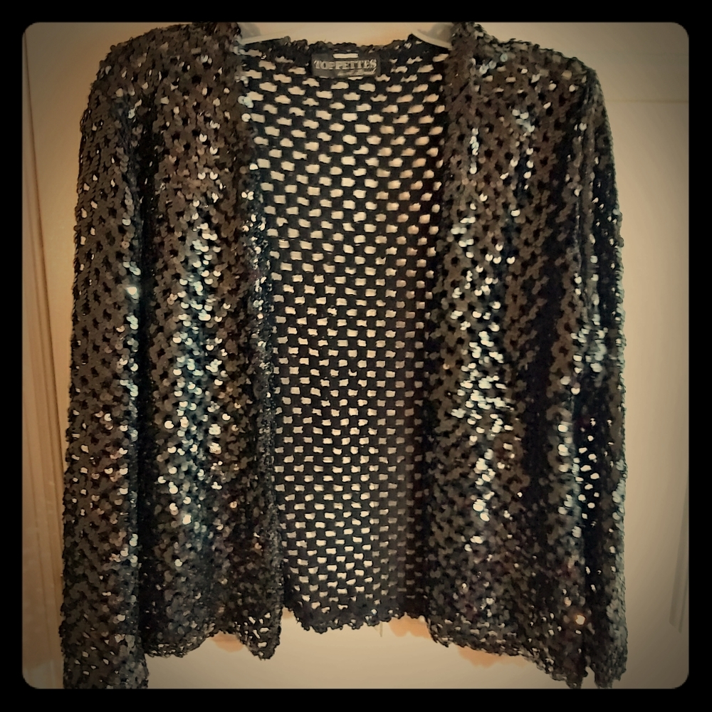 Stunning Vintage Topette Black Sequin Crochet Cardigan  MED